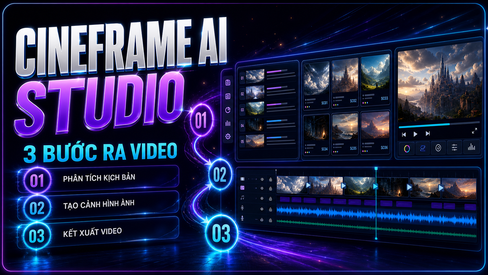 Giao diện CineFrame AI Studio — Dựng video AI theo quy trình 3 bước