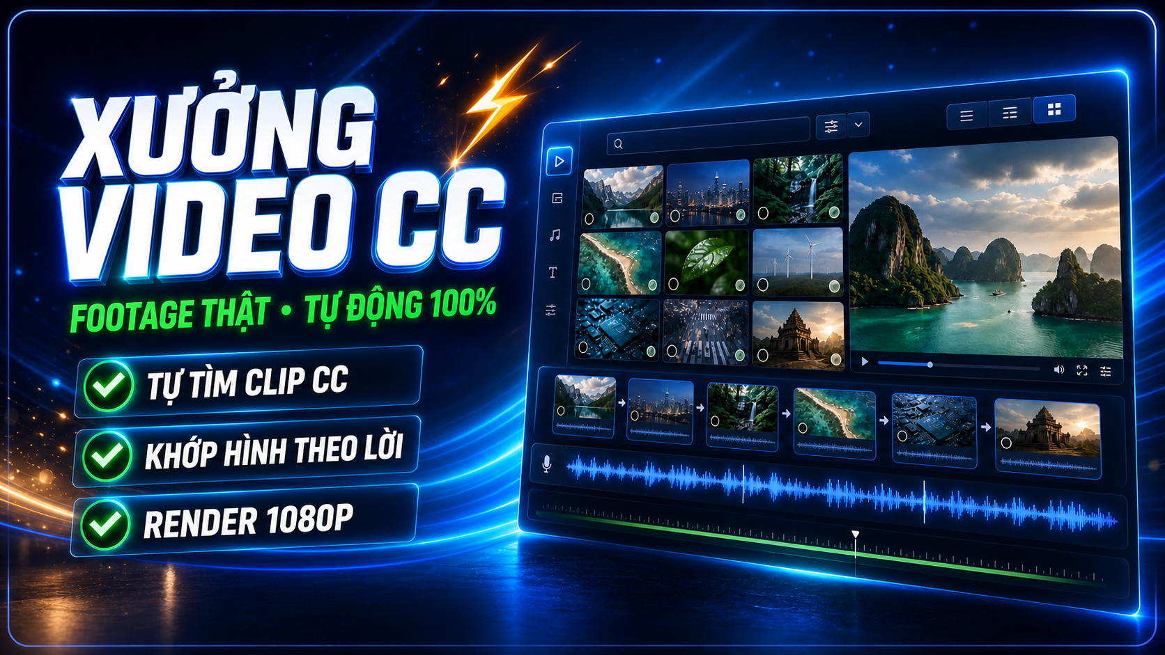 Giao diện Xưởng Video CC — Dựng video footage thật tự động